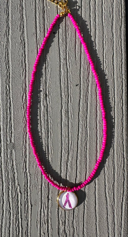 Beaded Pink Ribbon Glass Charm Necklace