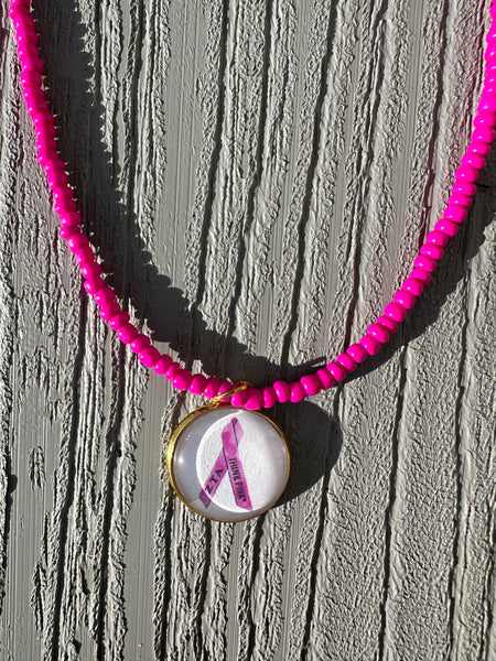 Beaded Pink Ribbon Glass Charm Necklace