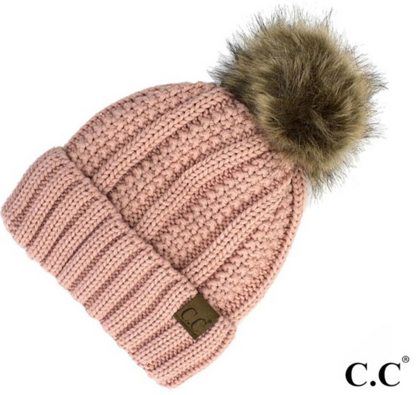 CC Fleece Lined Pom Pom Hat-Pink