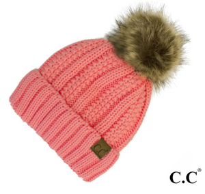 CC Fleece Lined Pom Pom Hat-Coral