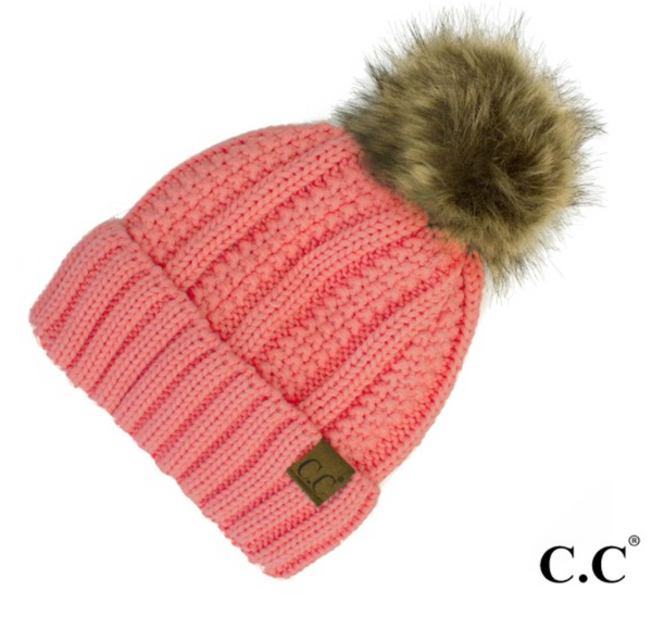 CC Fleece Lined Pom Pom Hat-Pink